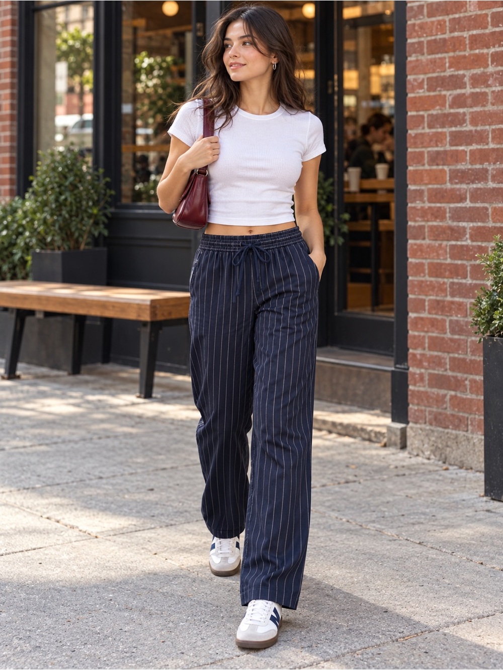 NWT Gap Womens XS Navy Pinstripe Drawstring Relaxed Straight Leg Pull On Pants